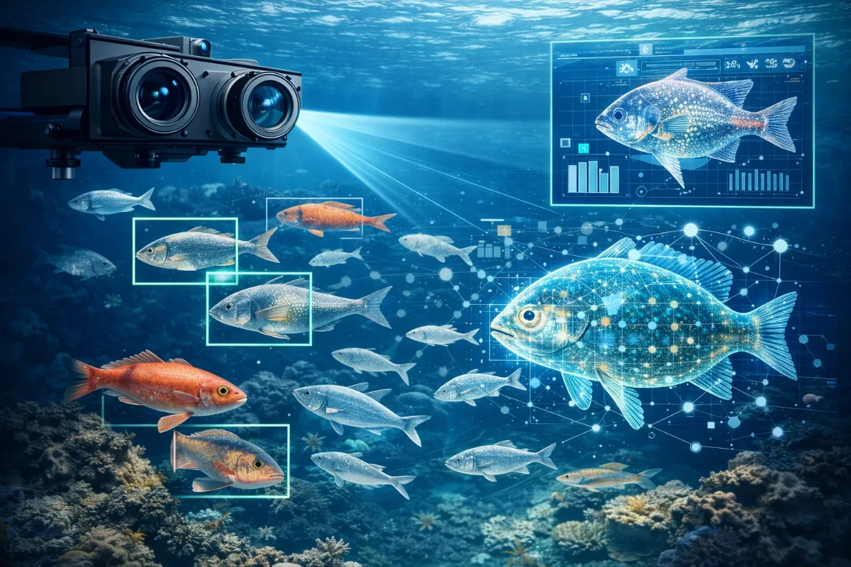 水中カメラ映像からAIで魚体を検出・解析するイメージ