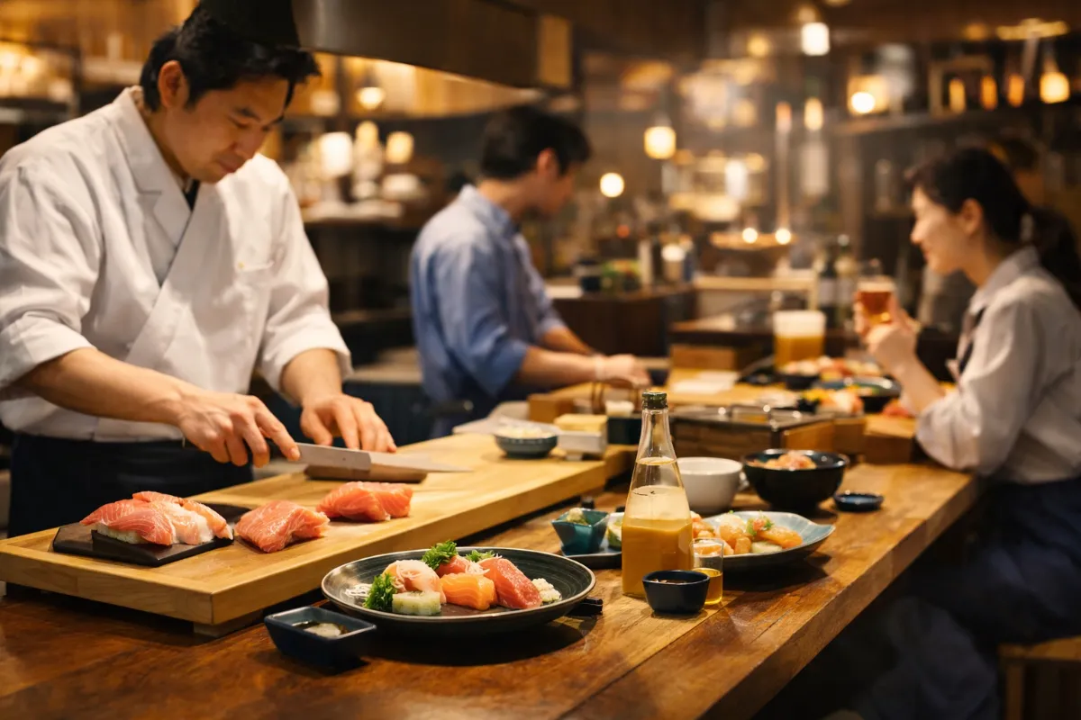 職人が寿司と海鮮料理を提供する飲食店の店内
